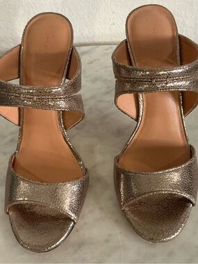 Halston Heritage Metallic Gold Two-Strap Slide Heels